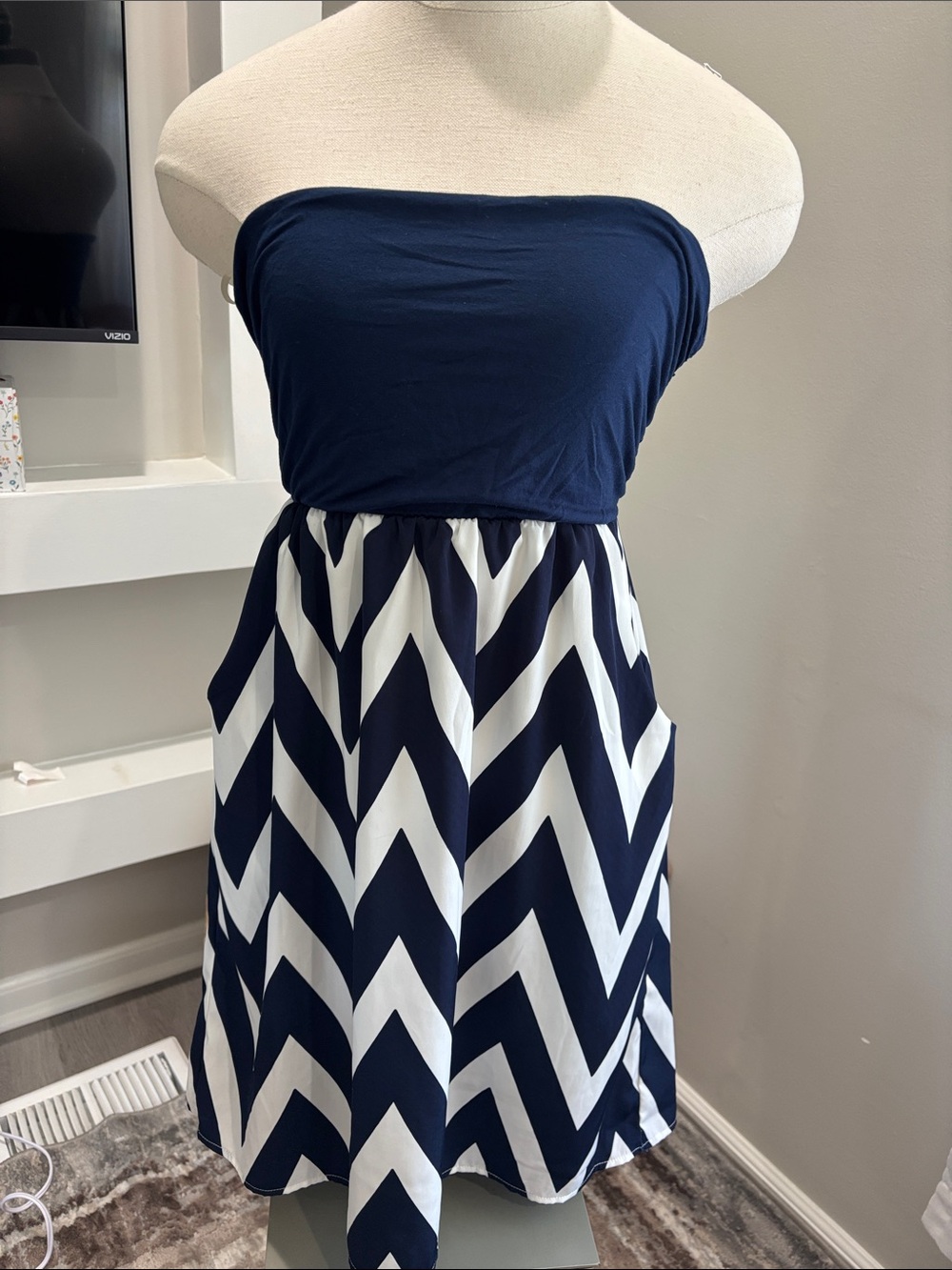 Strapless Navy & White Chevron Summer Dress